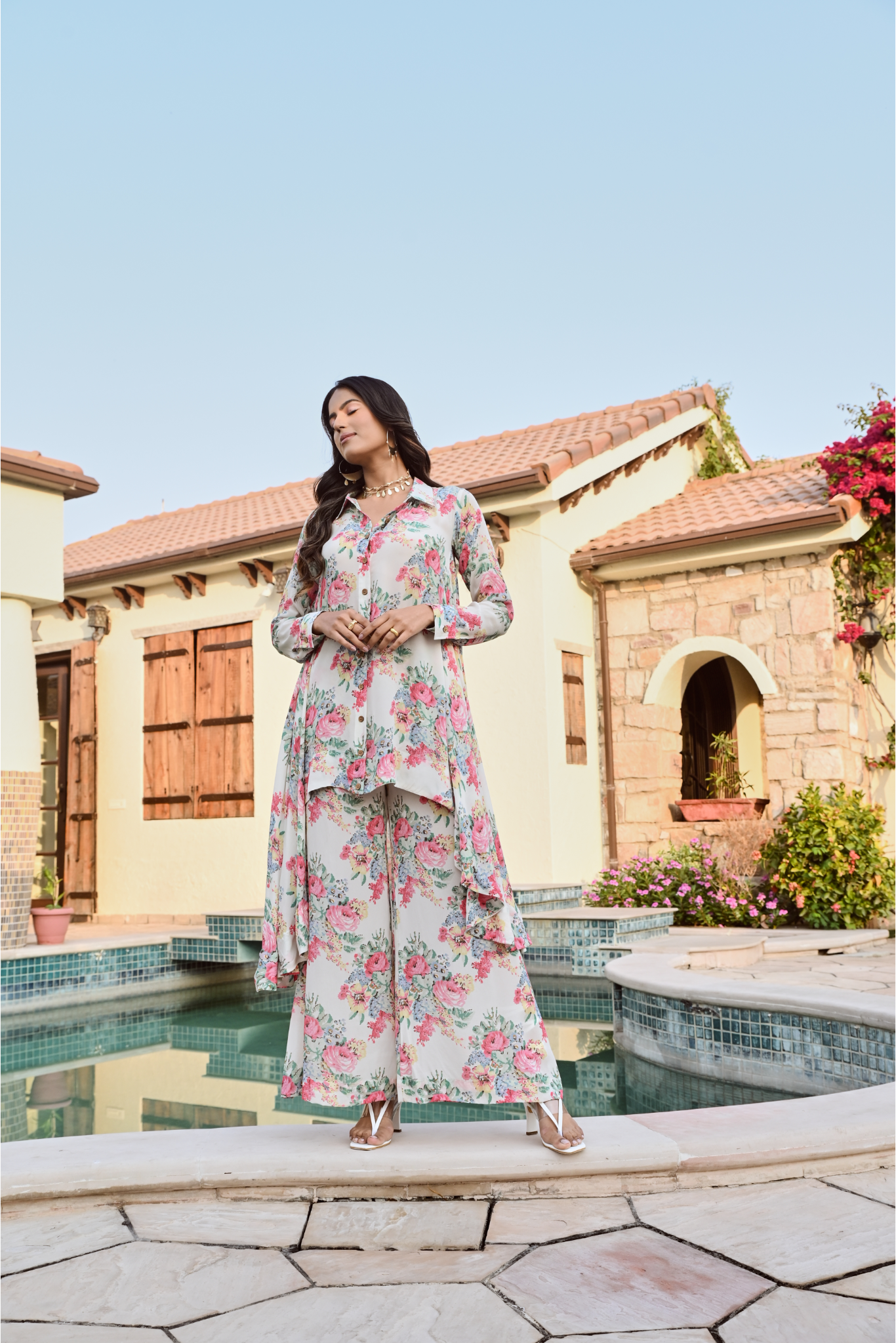 IVORY MULTI FLORAL RIA SHIRT & PANTS COORD SET OF TWO