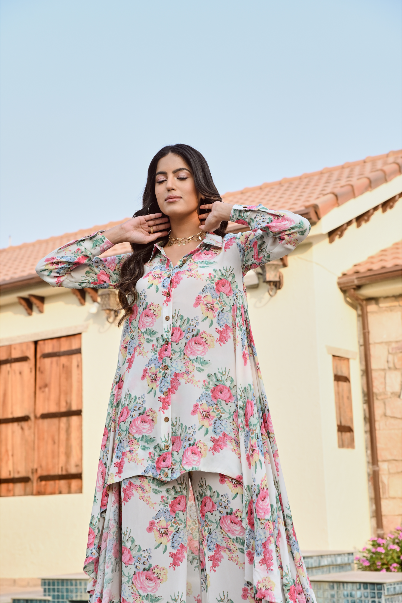 IVORY MULTI FLORAL RIA SHIRT & PANTS COORD SET OF TWO