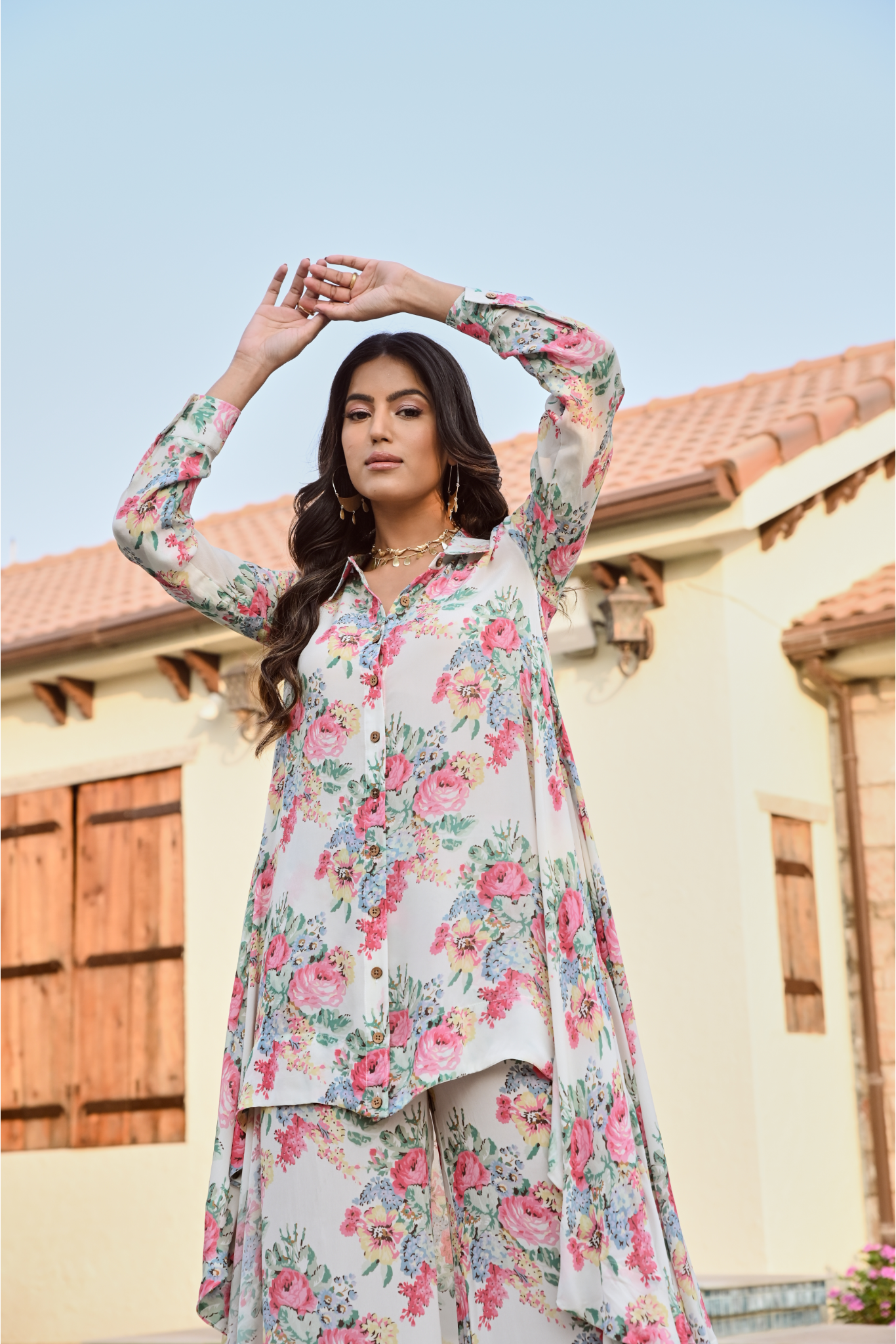 IVORY MULTI FLORAL RIA SHIRT & PANTS COORD SET OF TWO