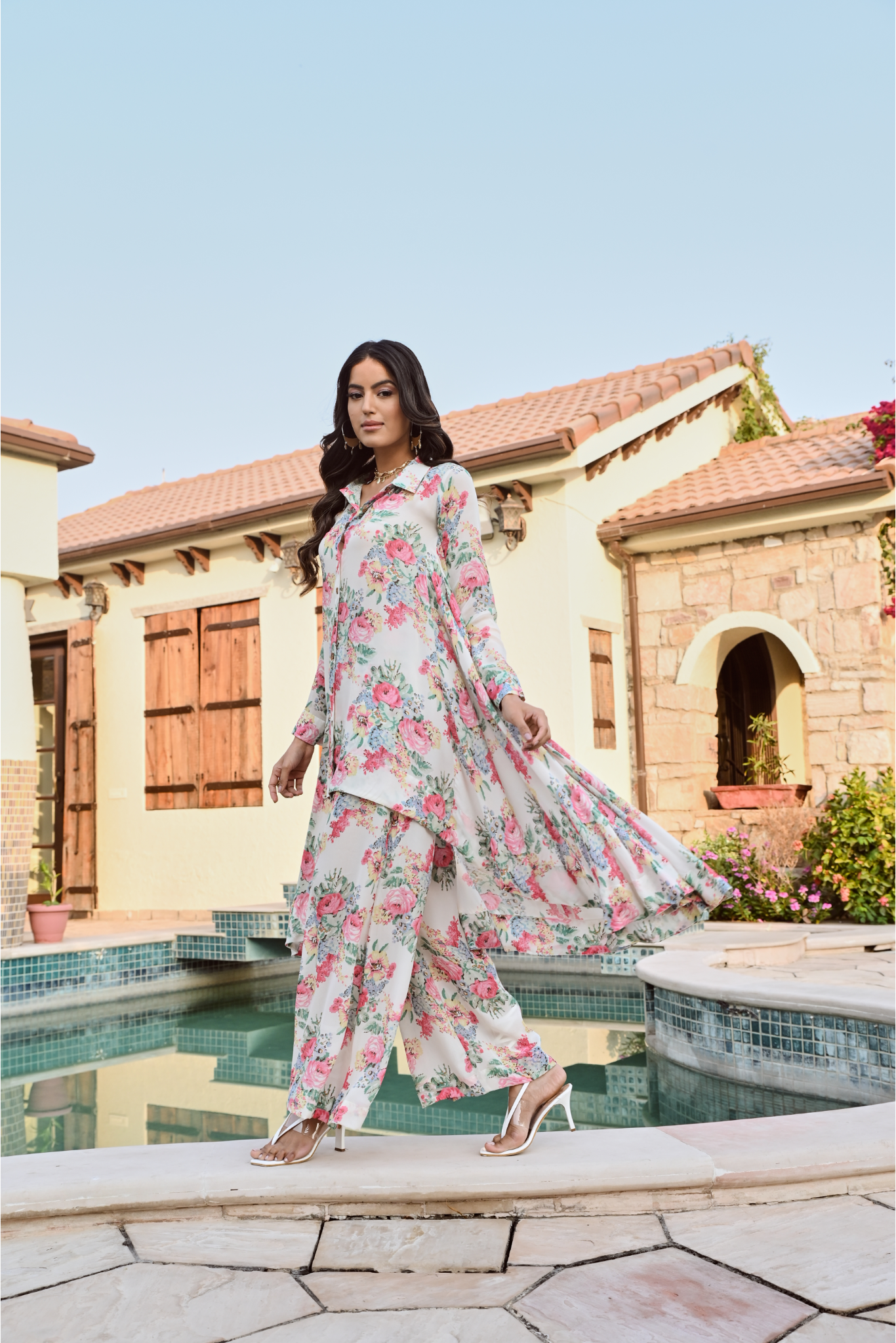 IVORY MULTI FLORAL RIA SHIRT & PANTS COORD SET OF TWO