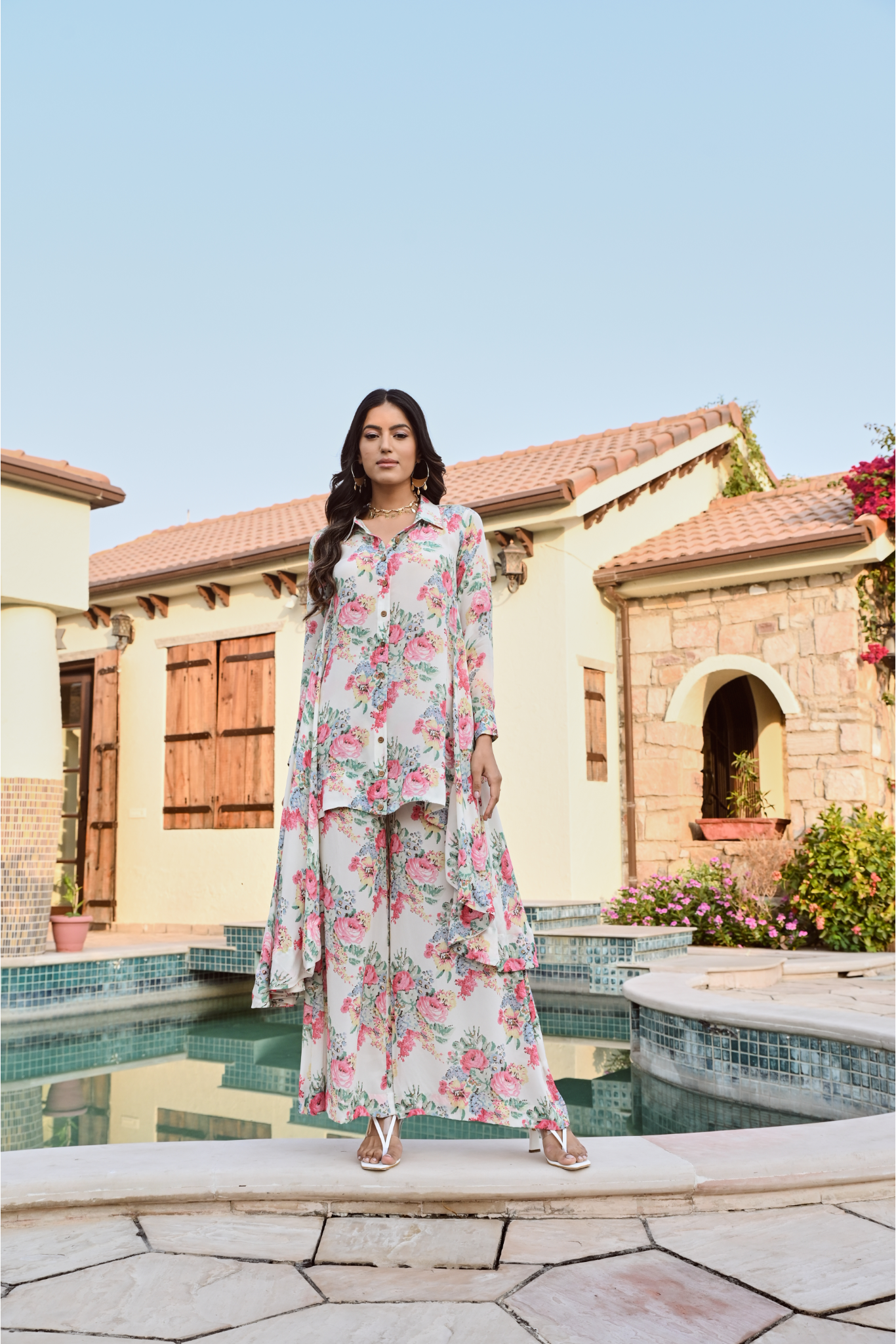 IVORY MULTI FLORAL RIA SHIRT & PANTS COORD SET OF TWO