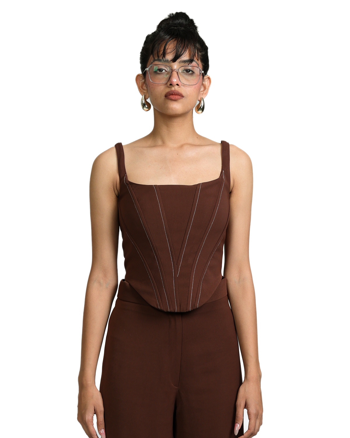 Knotty Corset With High Waisted Pants - Brown