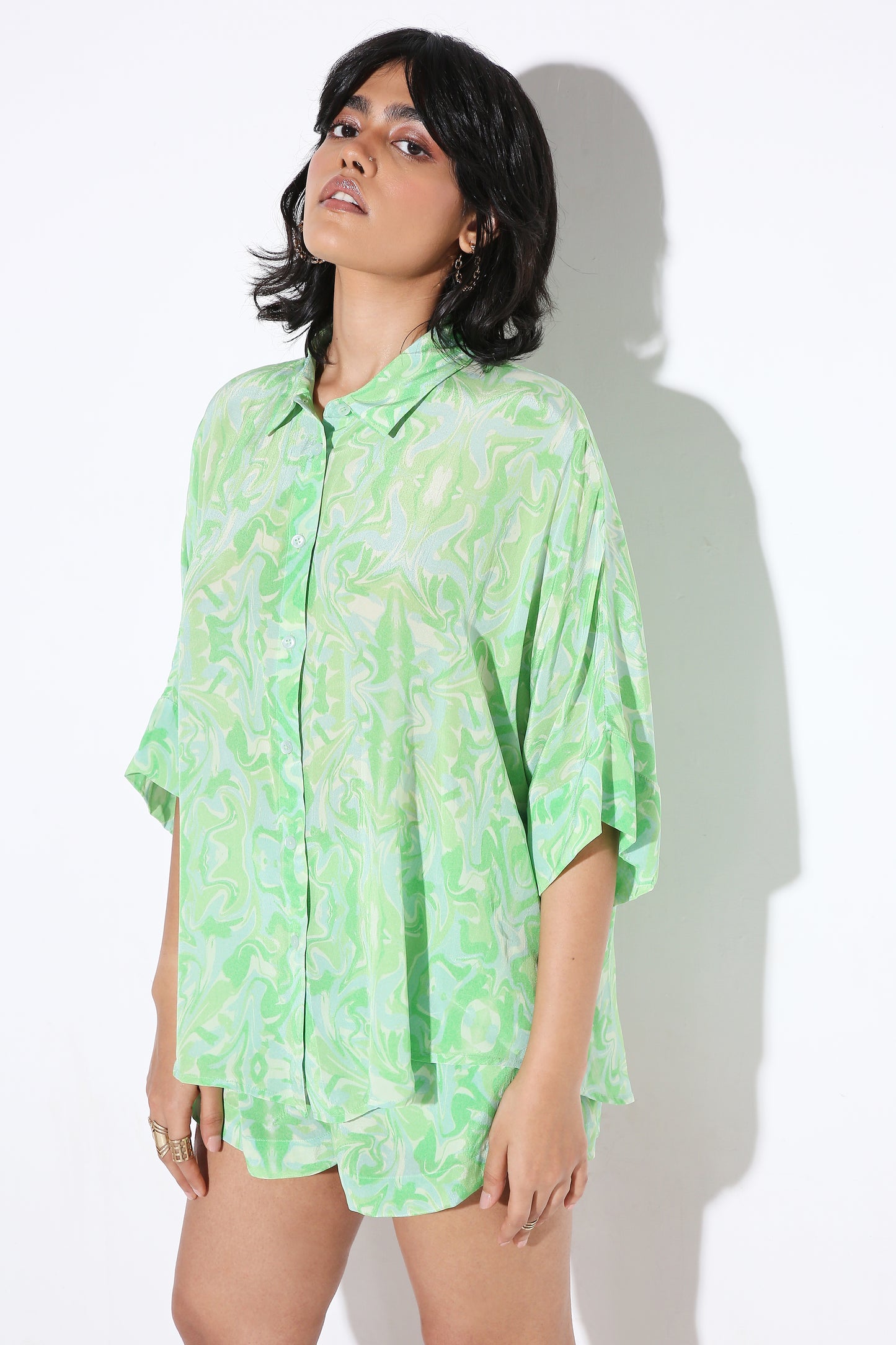 Relaxed Fit Long Shirt Green marble