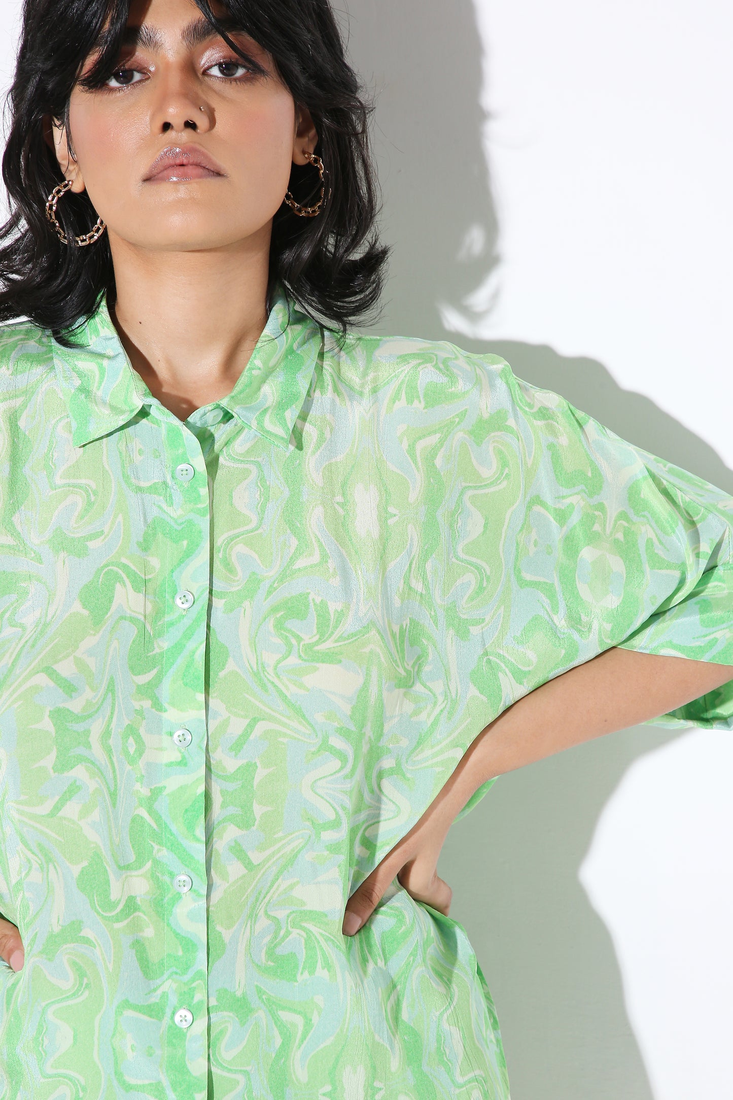 Relaxed Fit Long Shirt Green marble