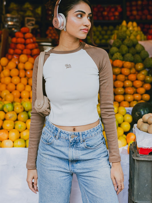 Long Sleeves Cozy Ribbed Tee - Tan and White