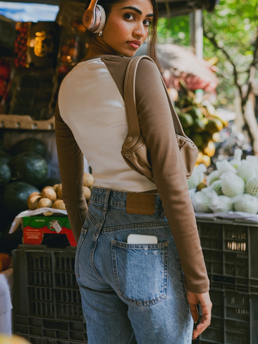 Long Sleeves Cozy Ribbed Tee - Tan and White