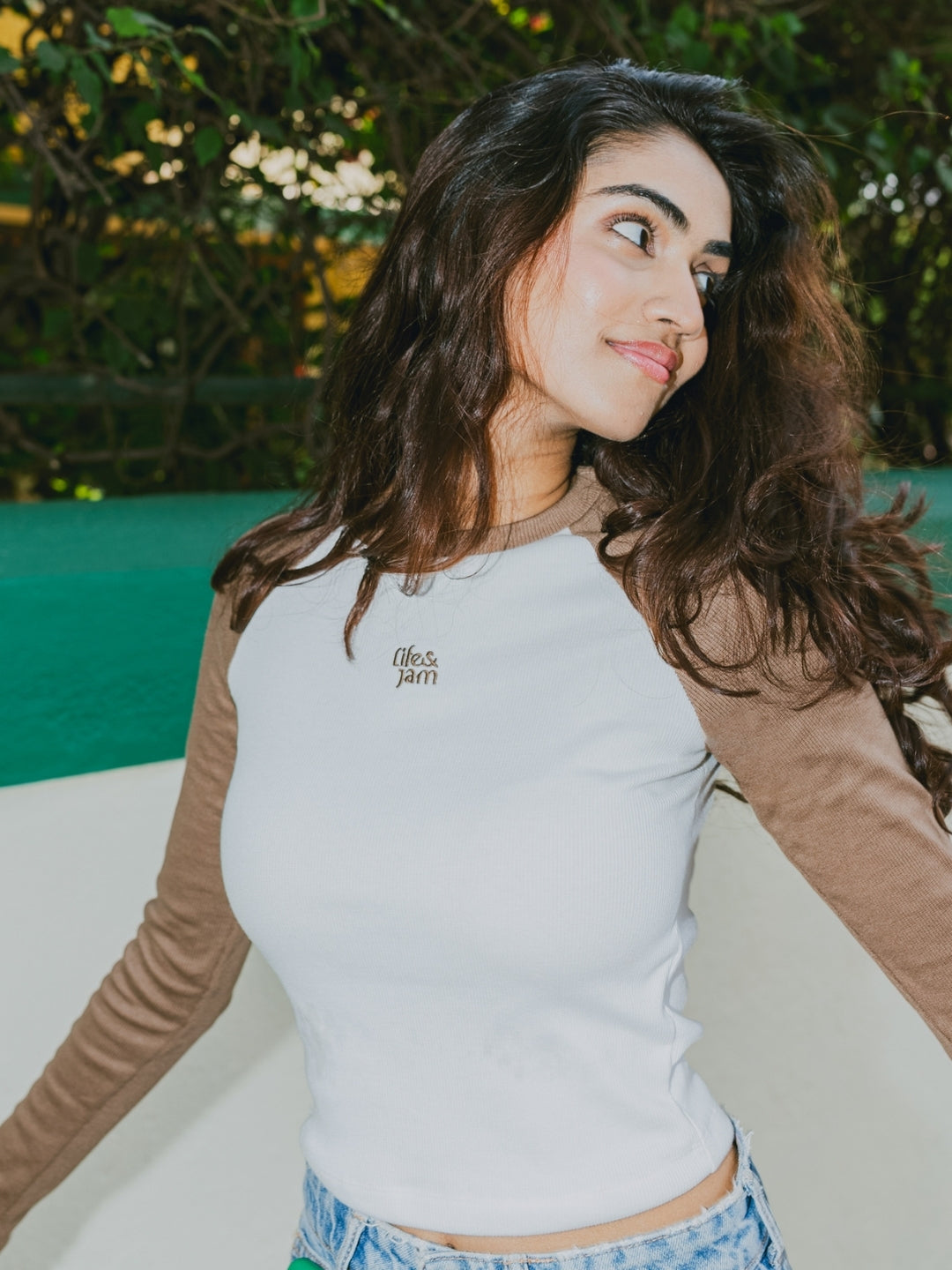 Long Sleeves Cozy Ribbed Tee - Tan and White