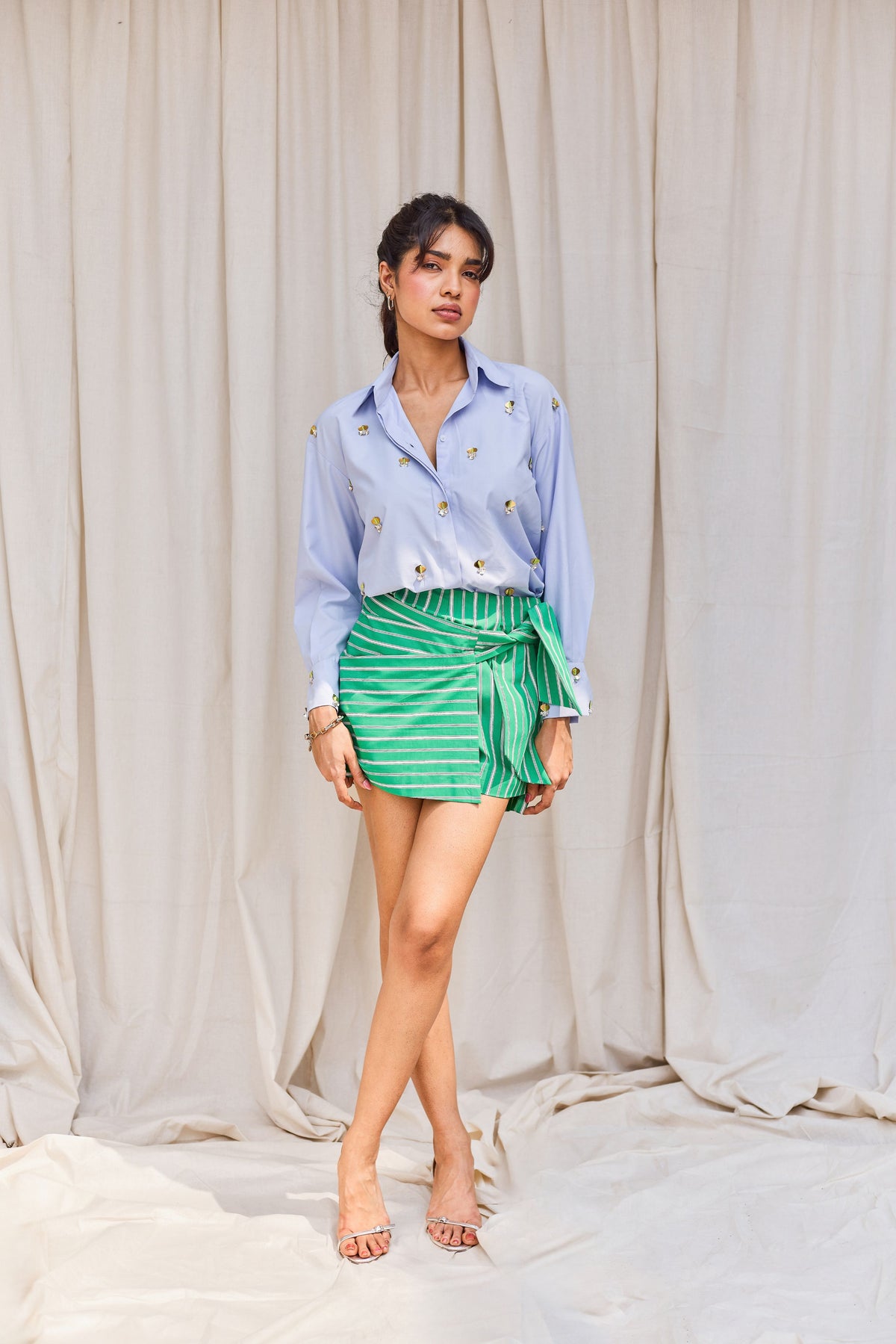 Green Striped Wrap Skort with Tie-Up Detail