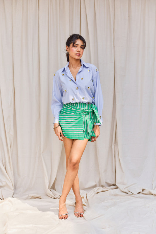Green Striped Wrap Skort with Tie-Up Detail