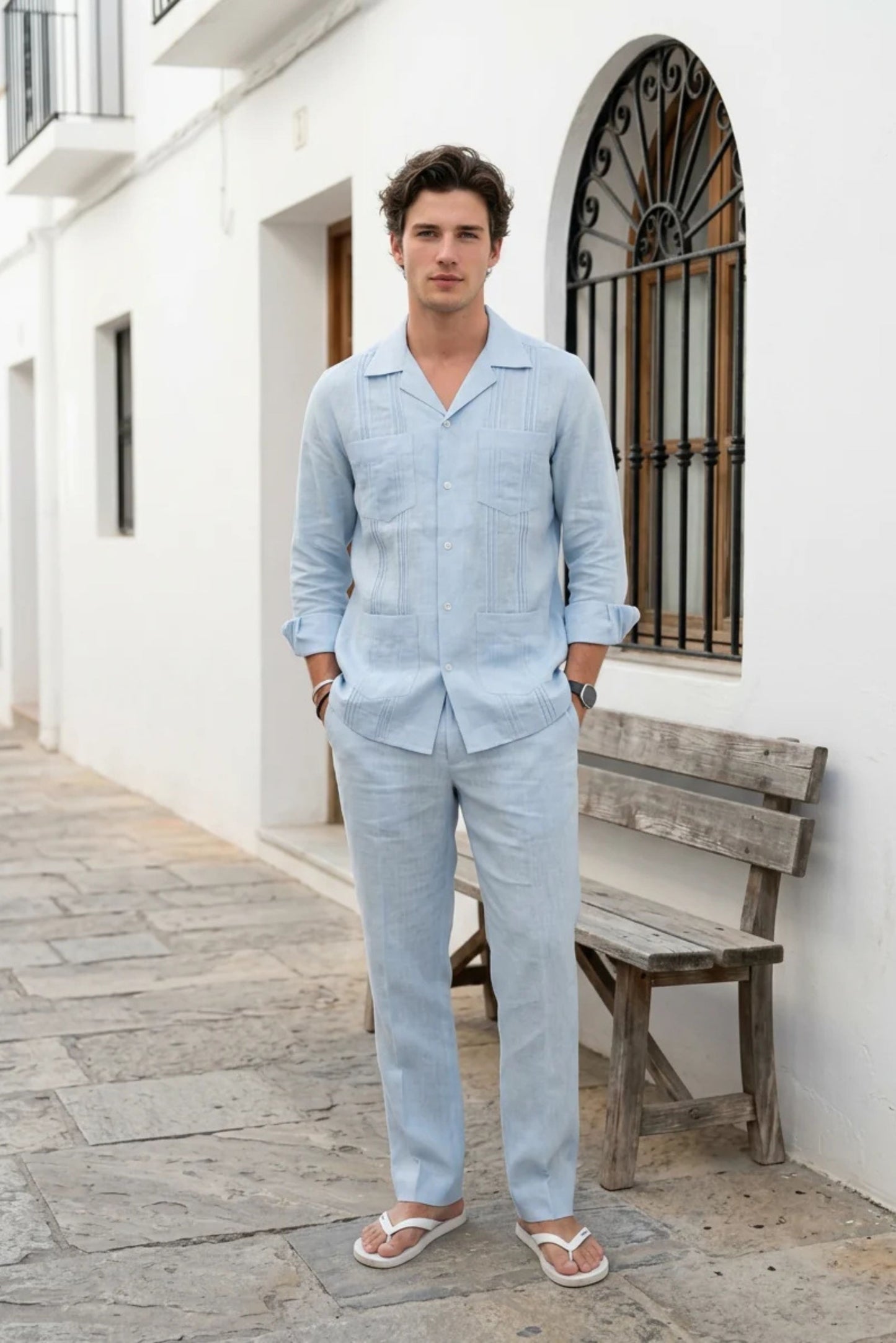 ICE BLUE PLEATED SHIRT WITH 4 PATCHED POCKETS PAIRED WITH PANTS