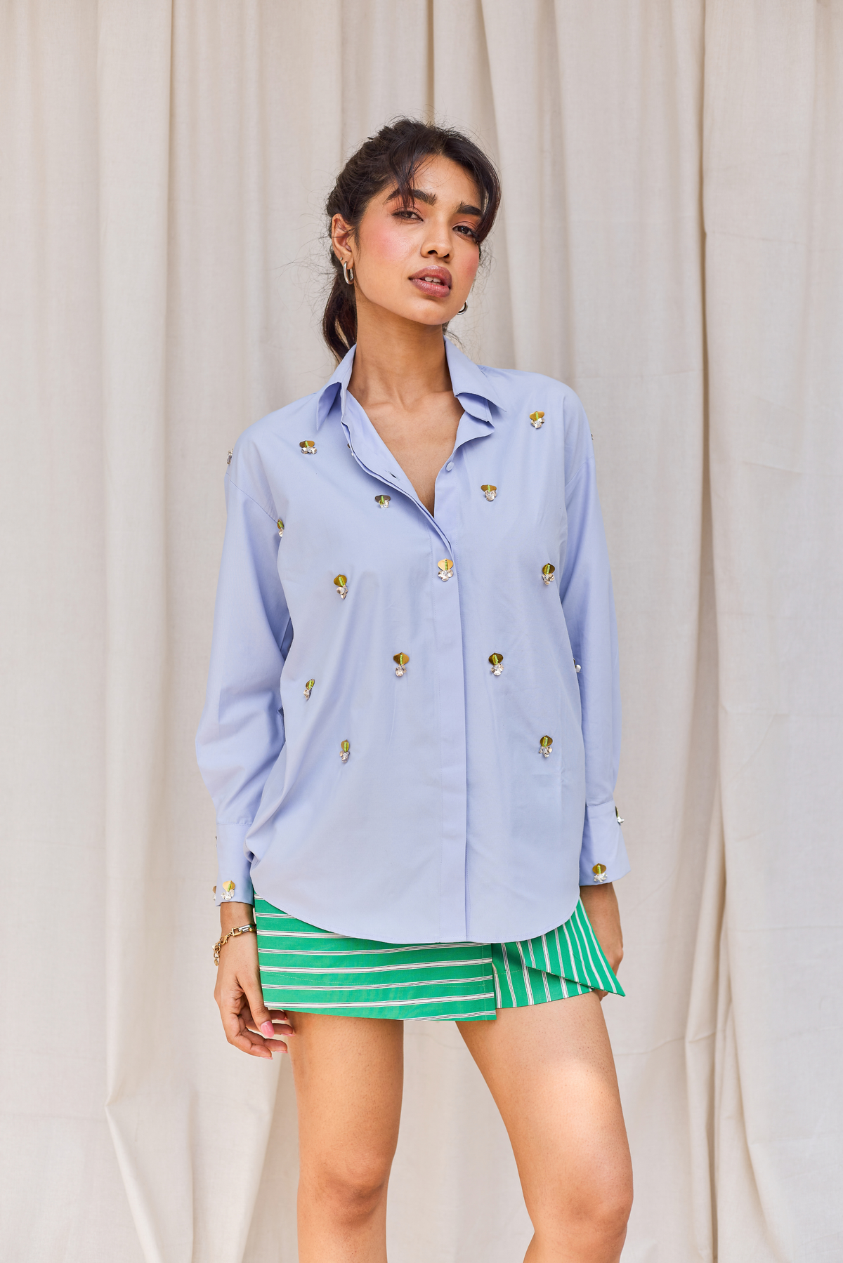 Blue Cotton Embroidered Shirt