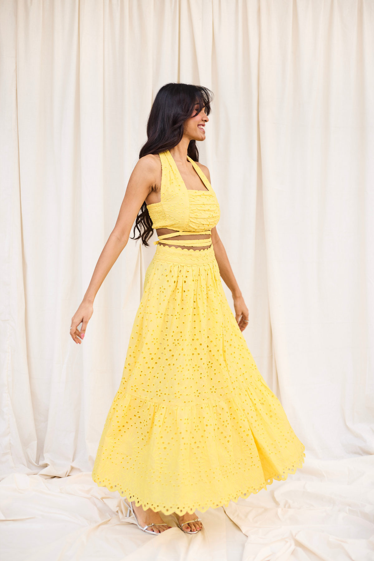 Yellow Schiffli Halter Top with Tie-Up Detail