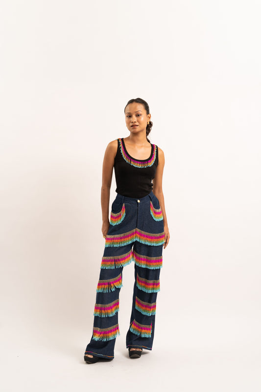 Rainbow tassel denim