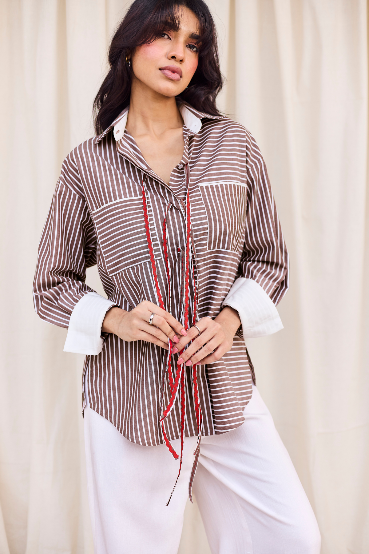 Brown Striped Heart Cut-Out Shirt