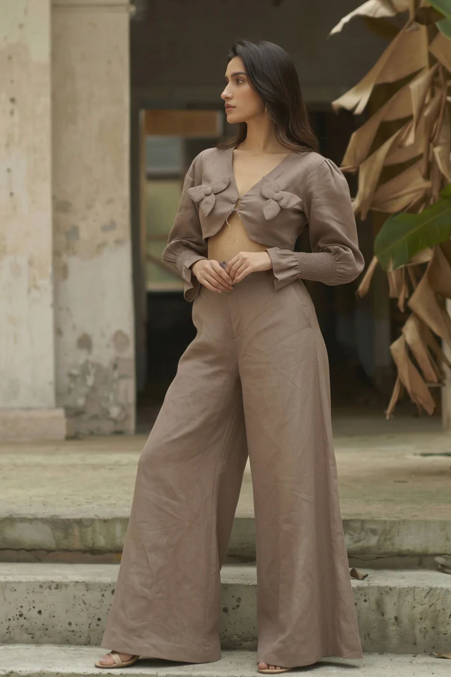 MOCHA MOUSSE FLORAL APPLIQUE TOP WITH METAL DETAILING WITH FLARED PANTS