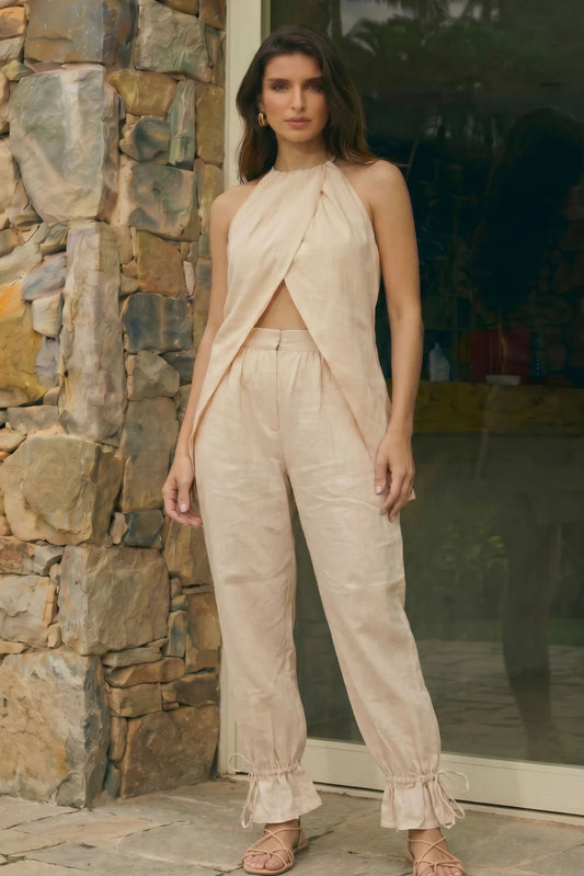IVORY OVERLAPPED TOP AND PANTS WITH TIEUP DETAILING
