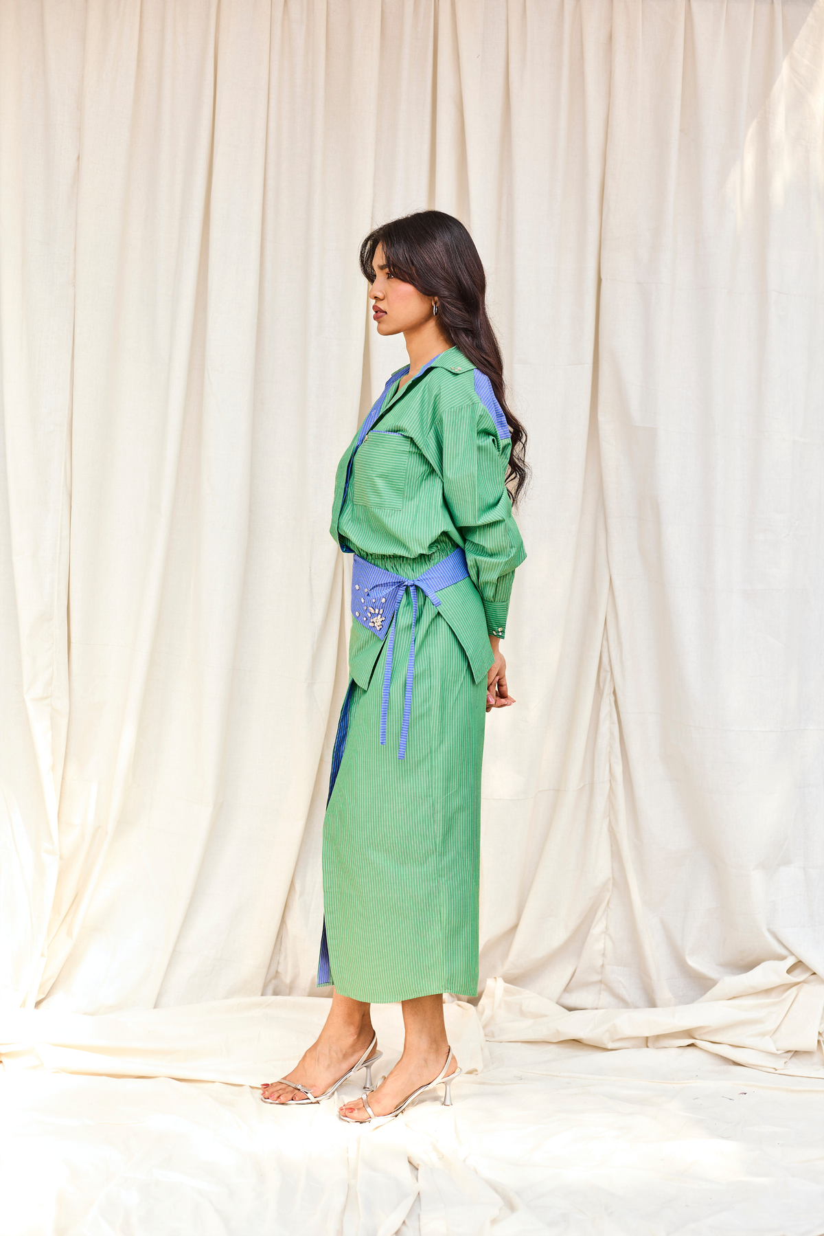 Green Striped Hand Embroidered Midi Dress with Belt