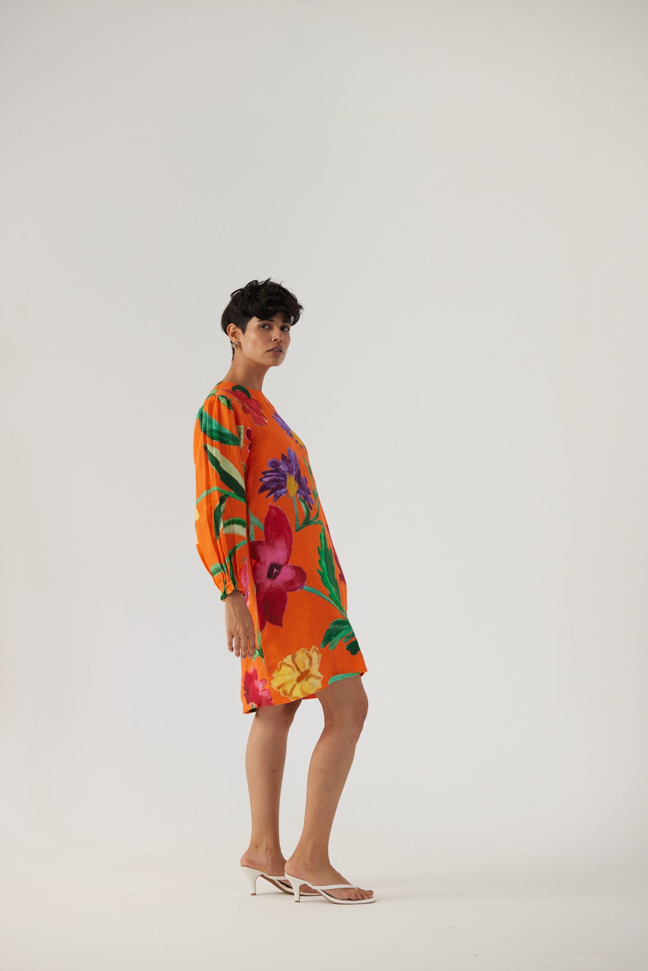 BIG BOTANICAL ORANGE LINEN SHORT DRESS