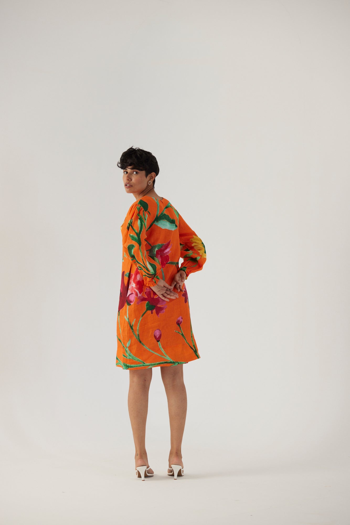 BIG BOTANICAL ORANGE LINEN SHORT DRESS