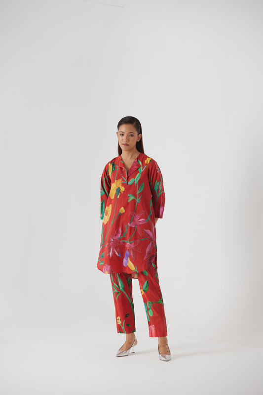 BIG BOTANICAL RED SHORT KURTA SET