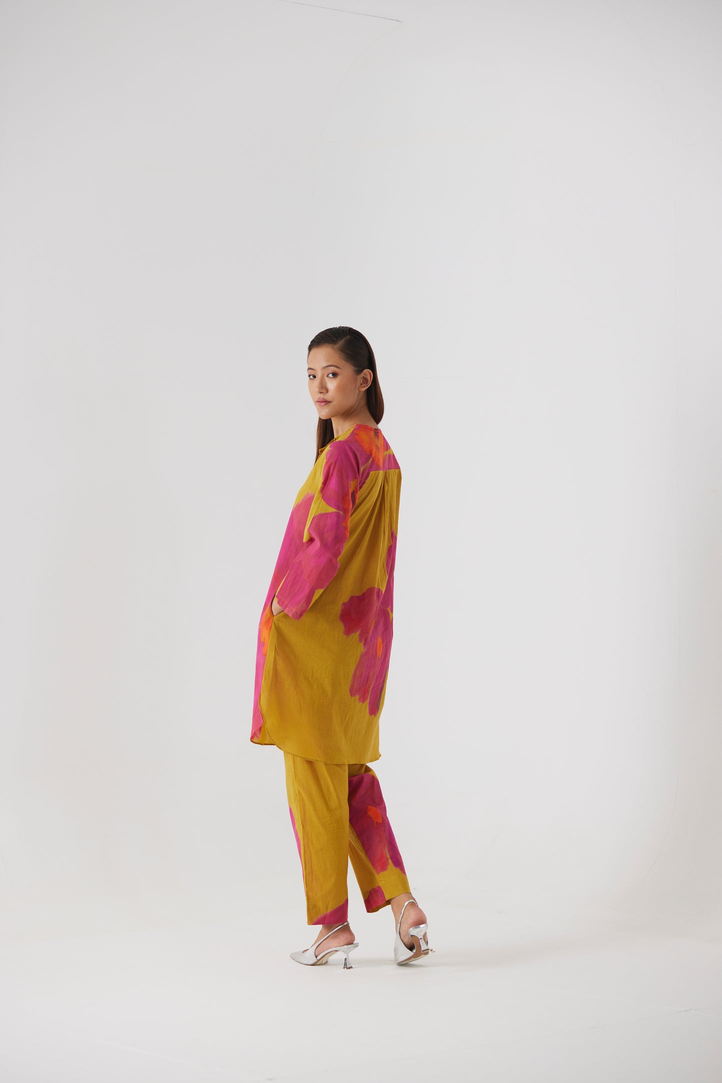 PINK MUSTARD POPPIES SHORT KURTA SET