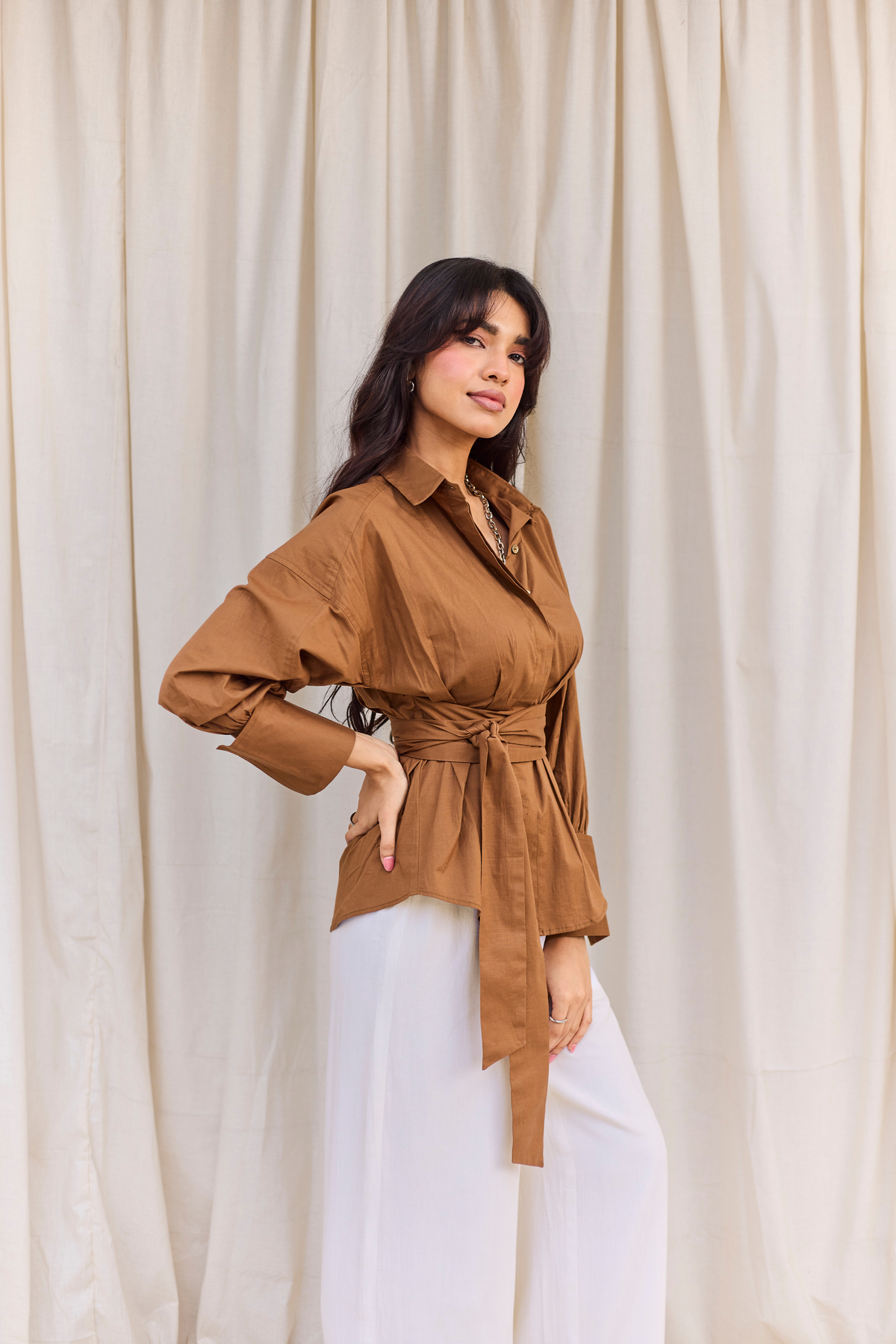 Brown Poplin Wrap Shirt