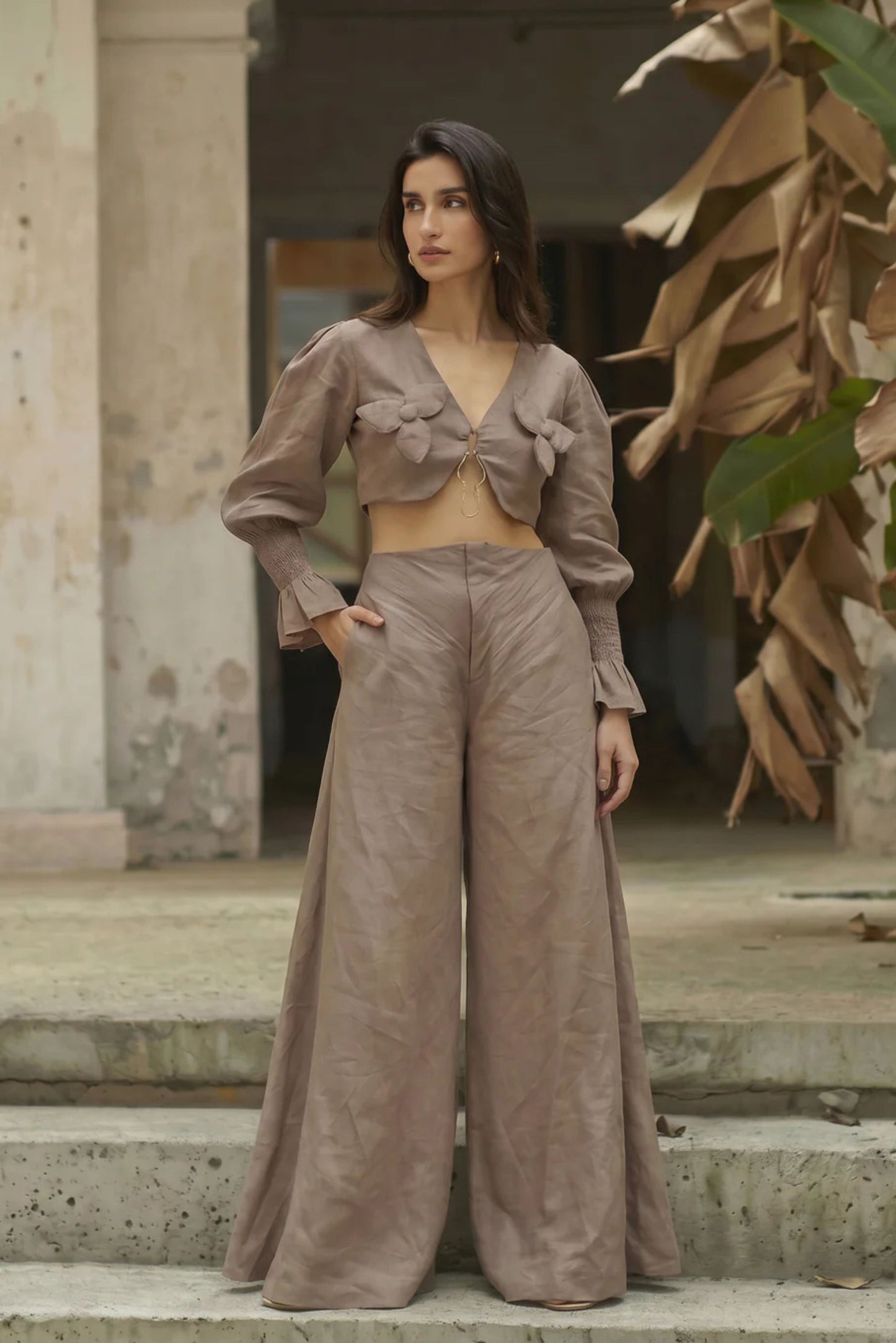 MOCHA MOUSSE FLORAL APPLIQUE TOP WITH METAL DETAILING WITH FLARED PANTS