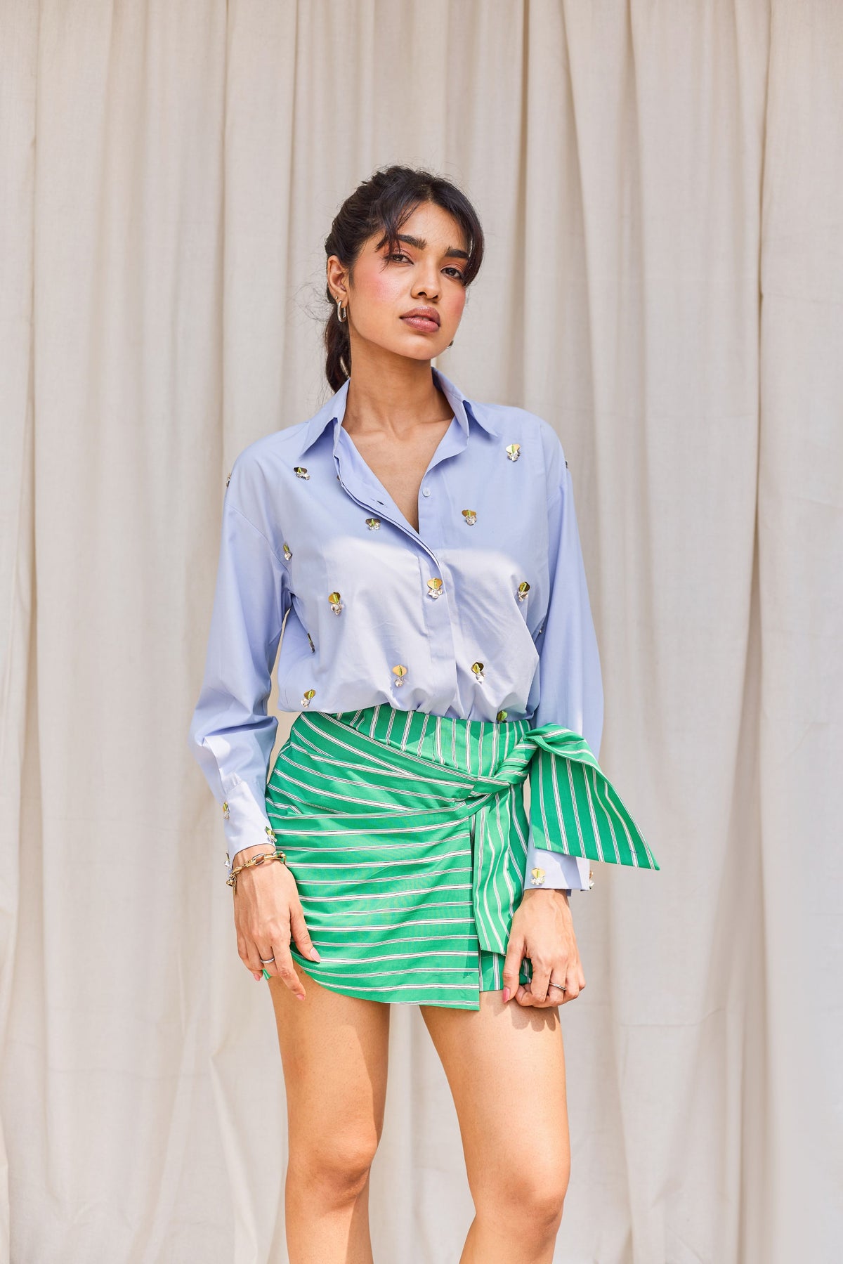 Green Striped Wrap Skort with Tie-Up Detail