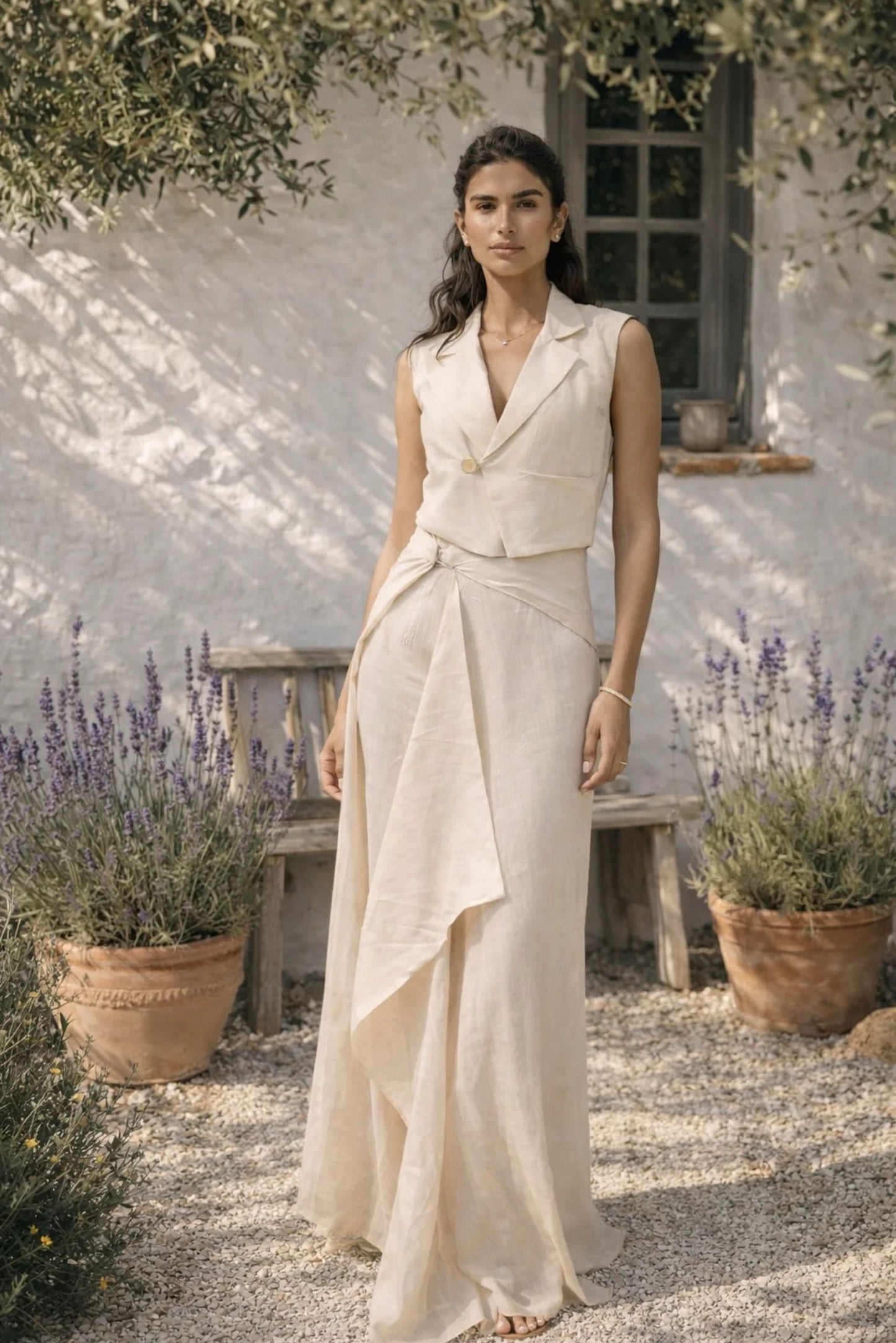 IVORY COLLARED VEST WITH OVERLAPPED DRAPE PANTS