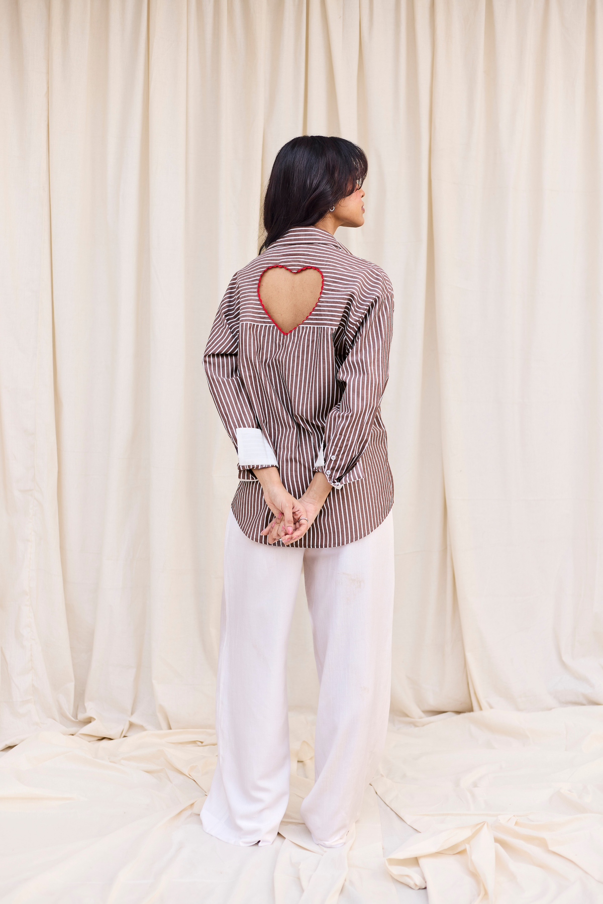Brown Striped Heart Cut-Out Shirt