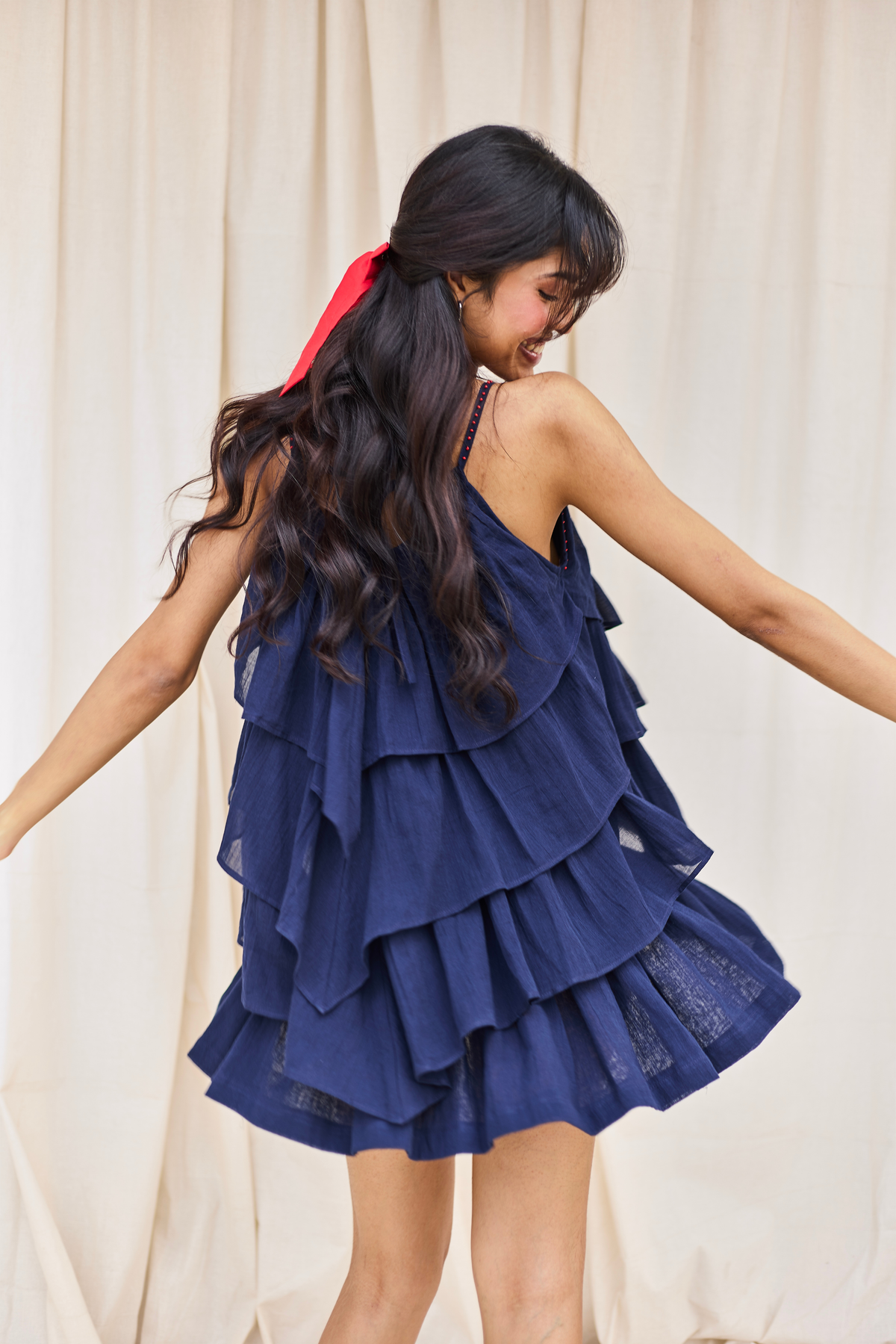Blue Ruffle Tiered Dress with Embellished Detail