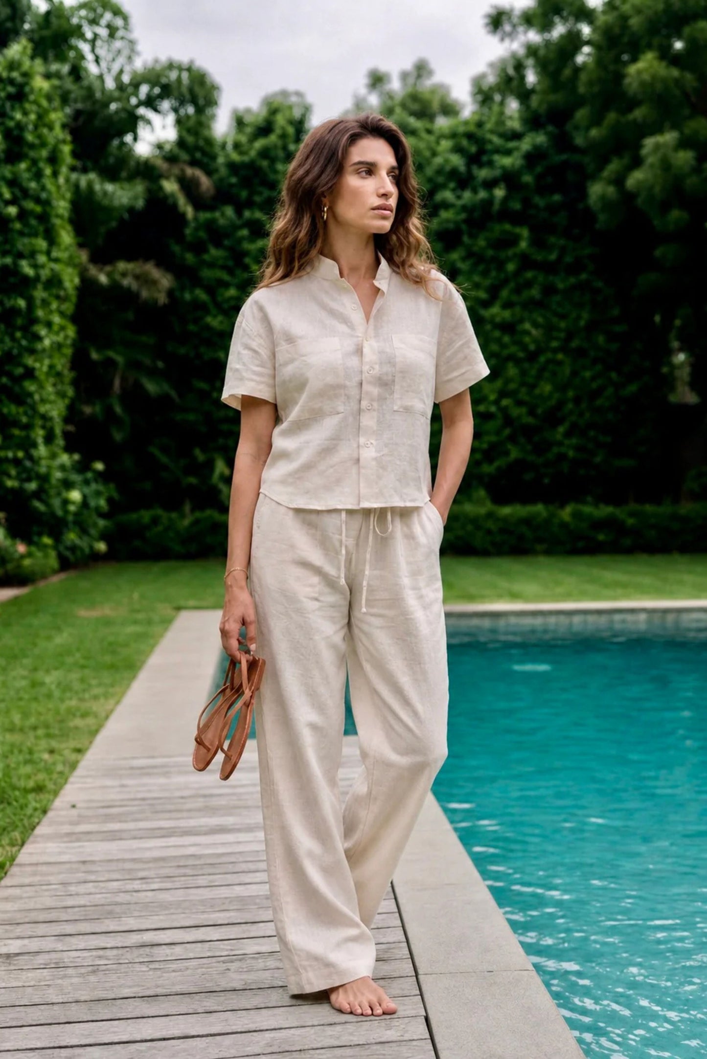 IVORY LINEN SHIRT WITH TIE-UP PANTS