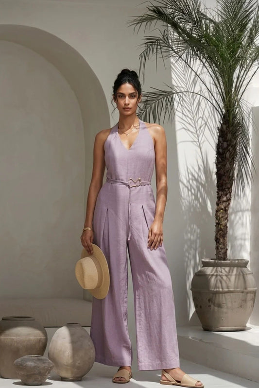 MAUVE JUMPSUIT WITH BOX PLEAD AND METAL EMBELLISHED TIE-UP BELT