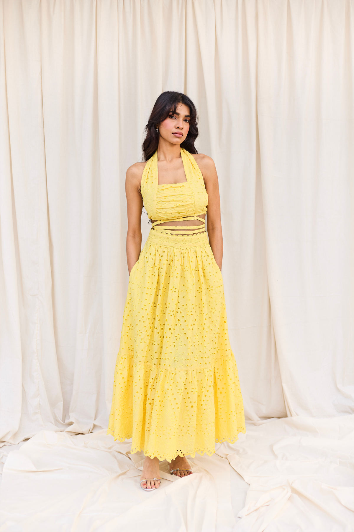 Yellow Schiffli Midi Skirt