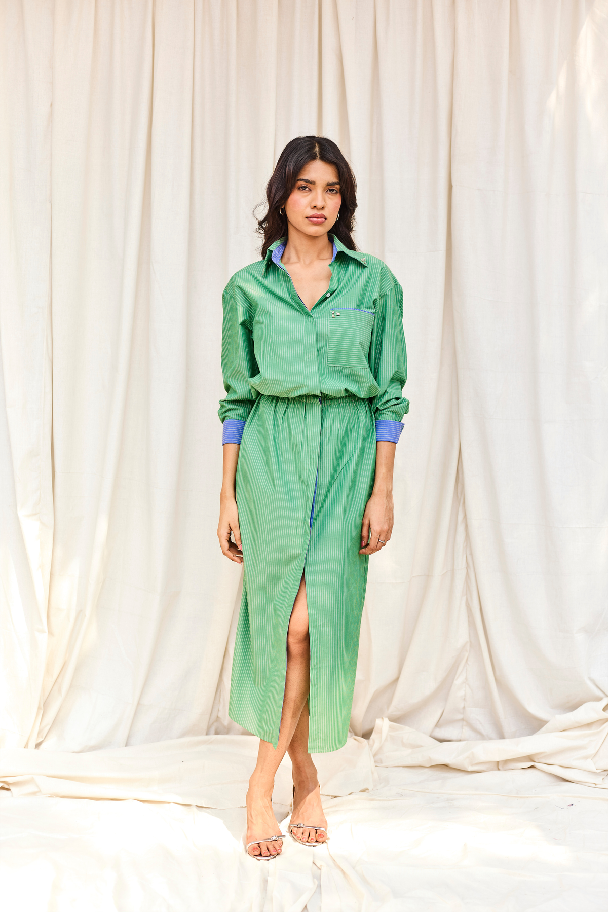 Green Striped Hand Embroidered Midi Dress with Belt