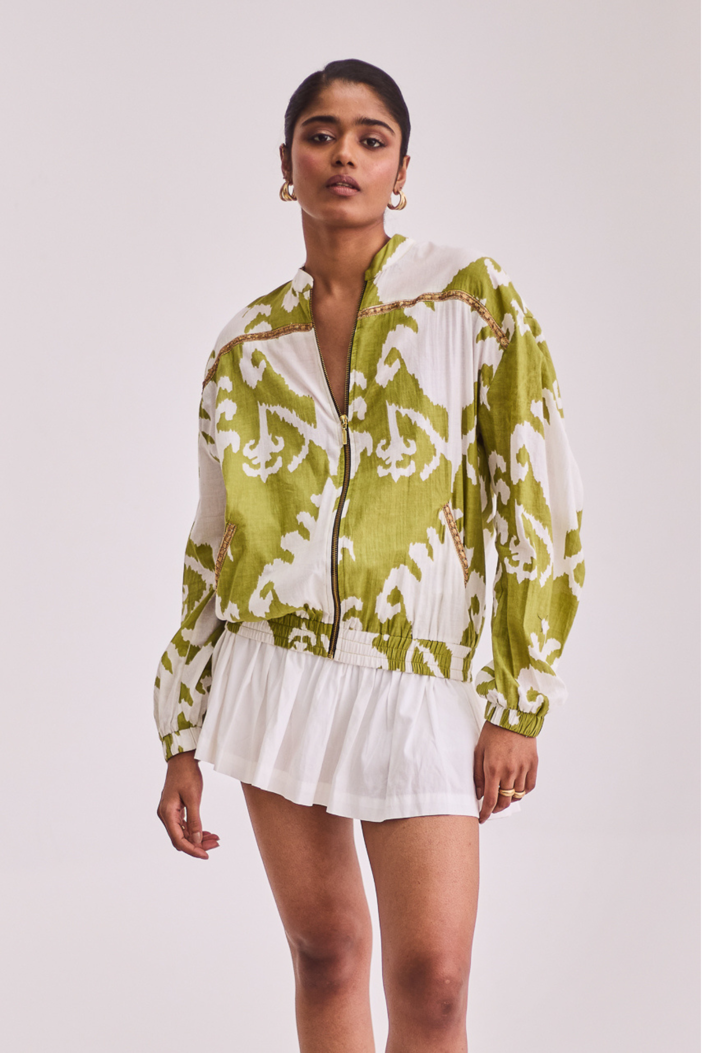 Green Ikkat Bomber with Hand Embroidery