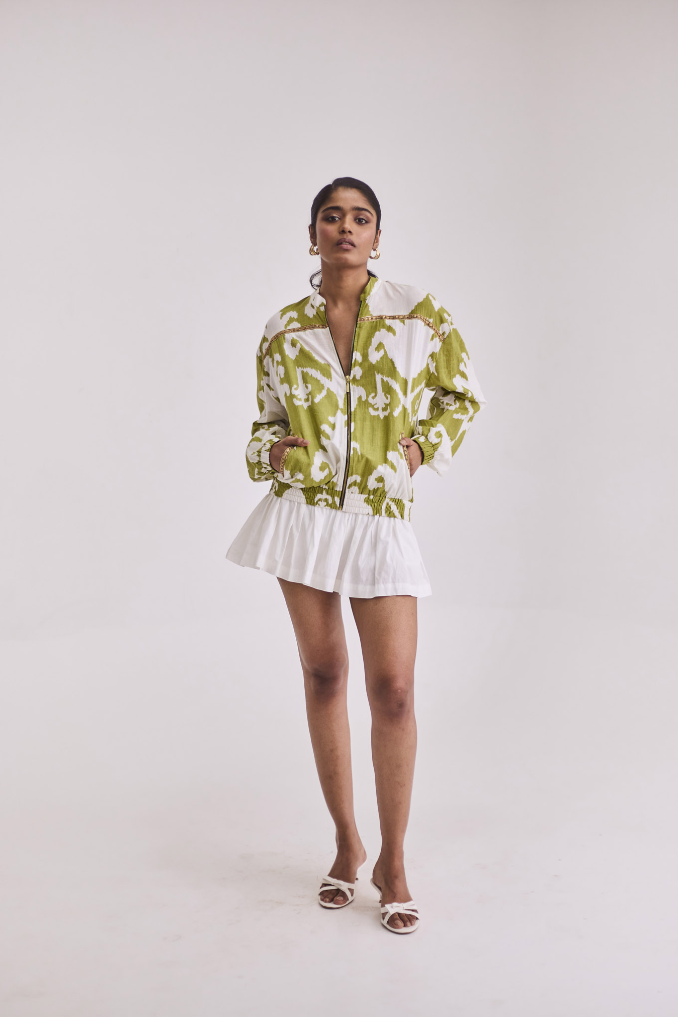 Green Ikkat Bomber with Hand Embroidery