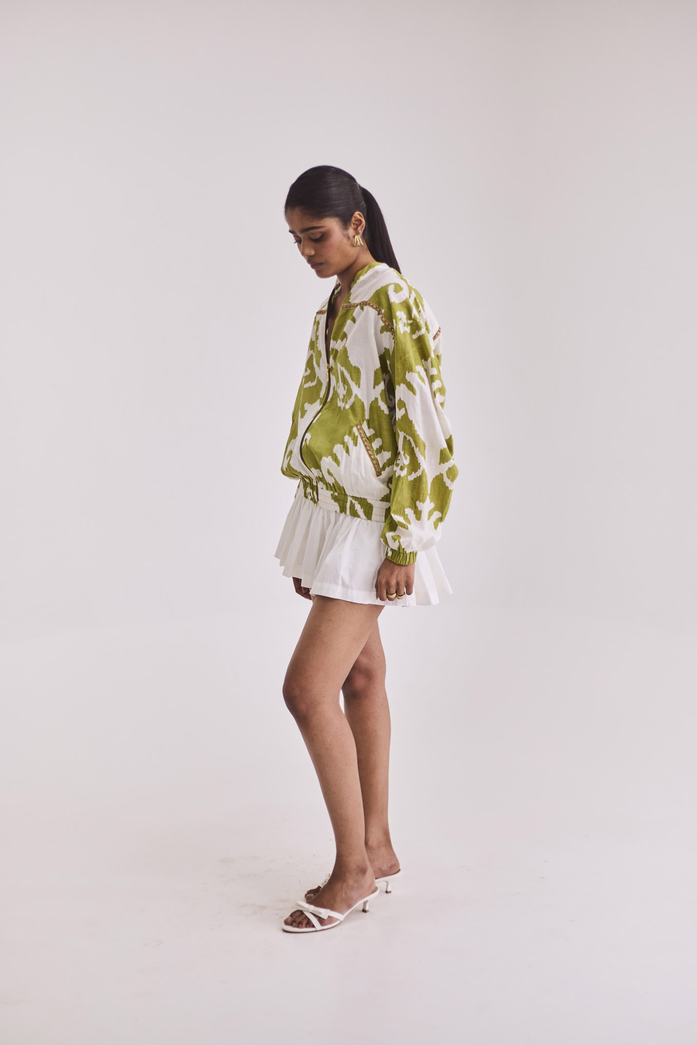 Green Ikkat Bomber with Hand Embroidery