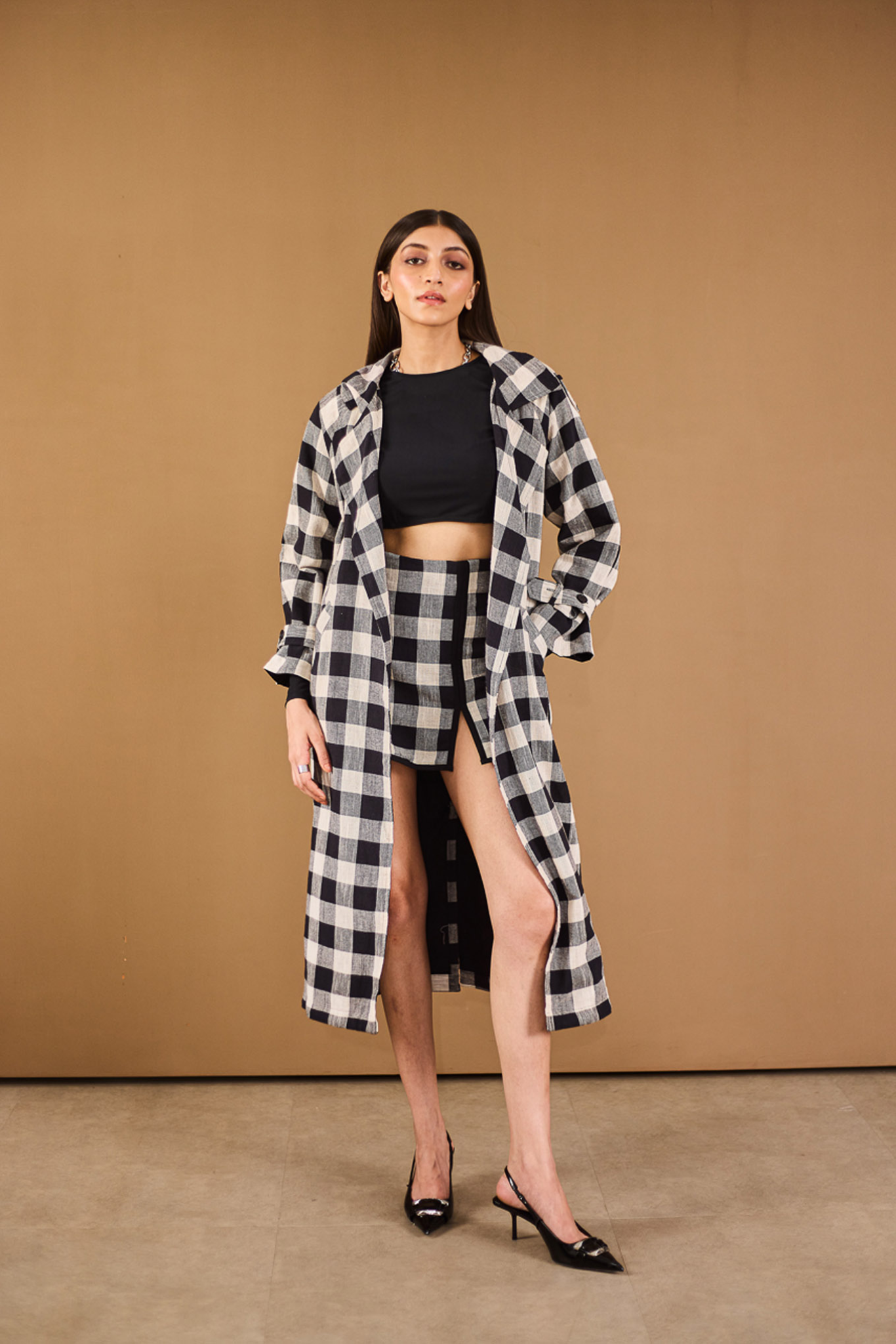 Checkered Trench Coat with Embroidery Detail