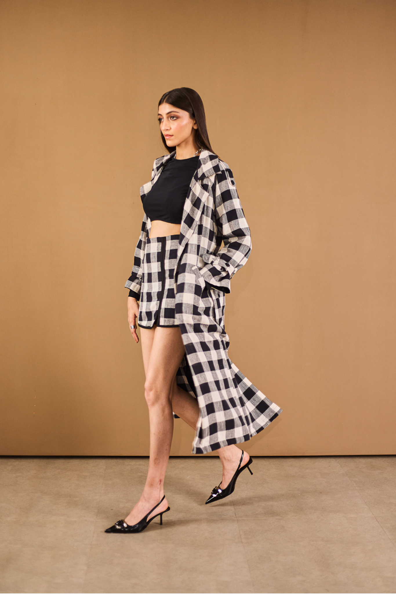 Checkered Trench Coat with Embroidery Detail