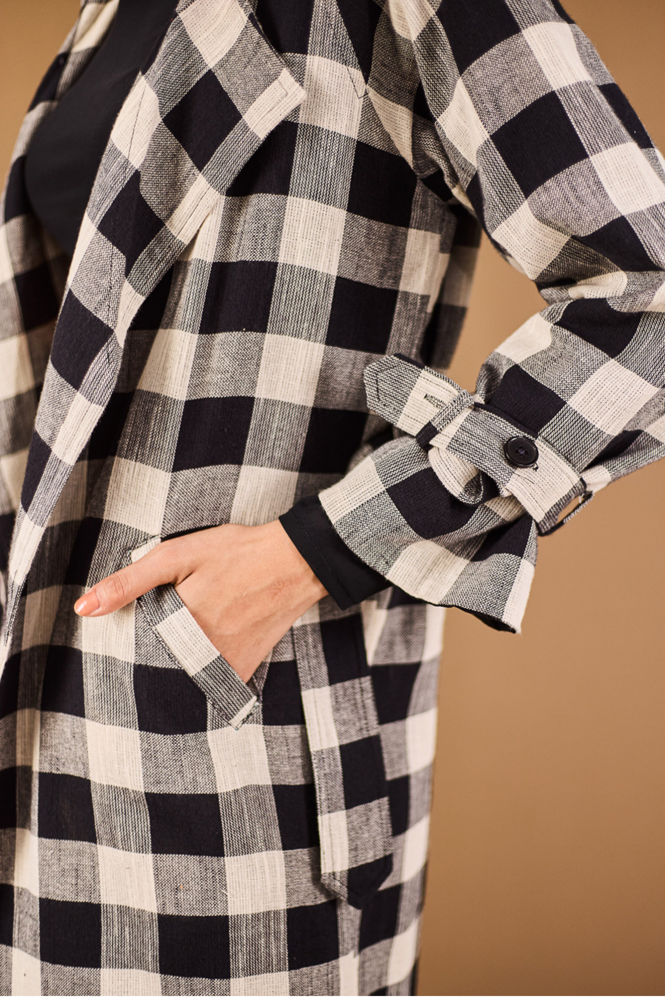 Checkered Trench Coat with Embroidery Detail