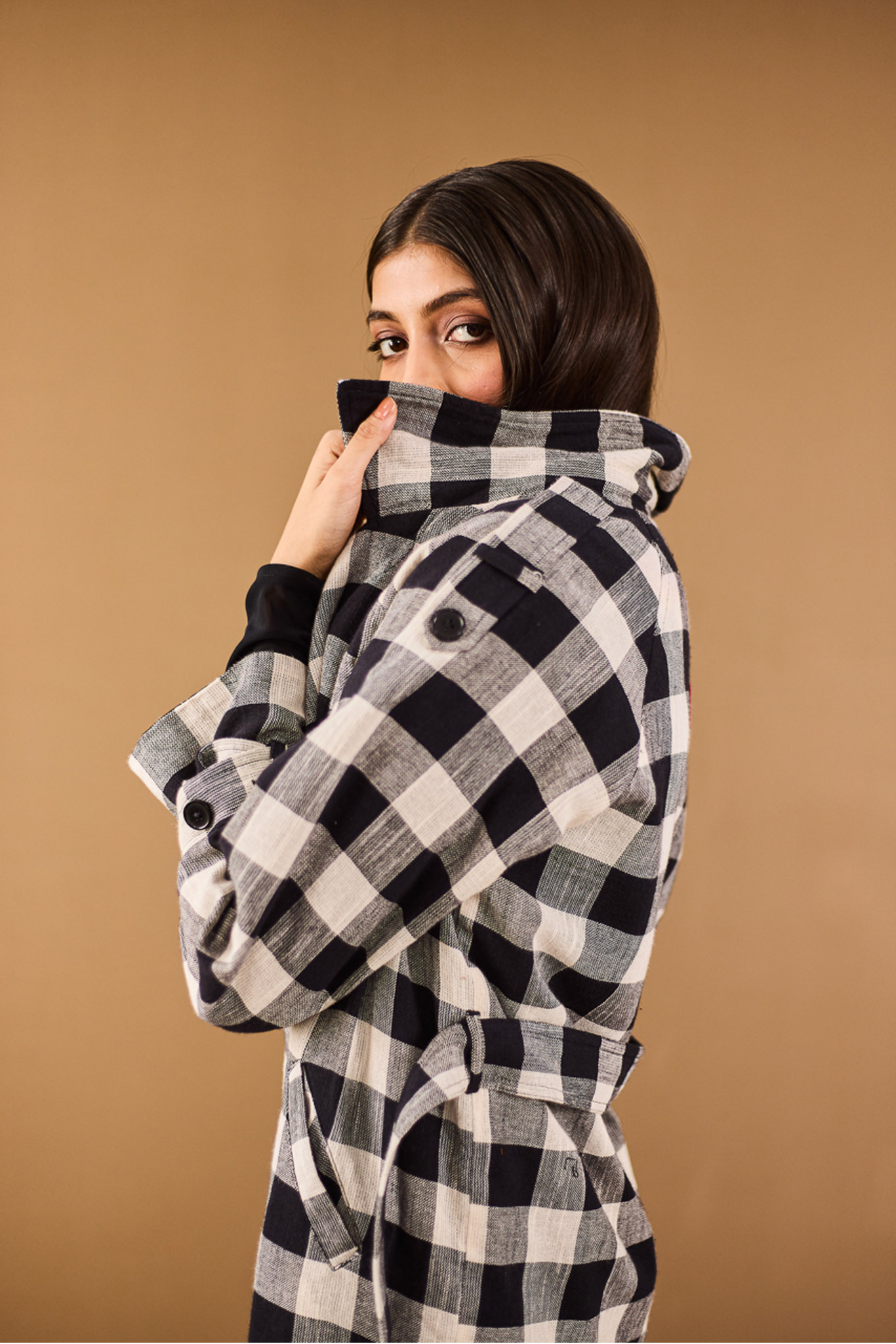Checkered Trench Coat with Embroidery Detail