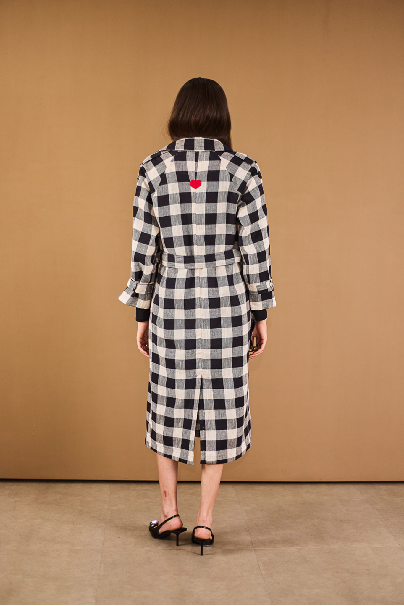 Checkered Trench Coat with Embroidery Detail