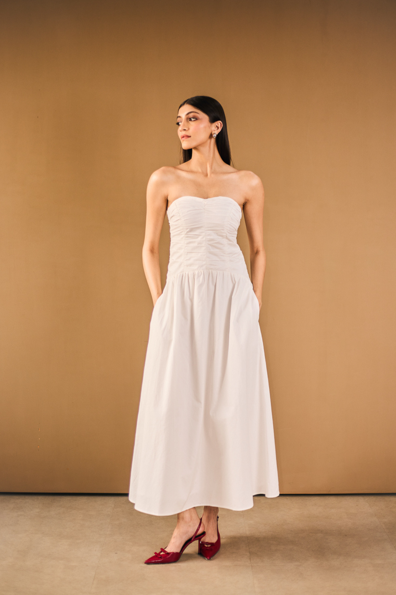 White Strapless Midi Dress
