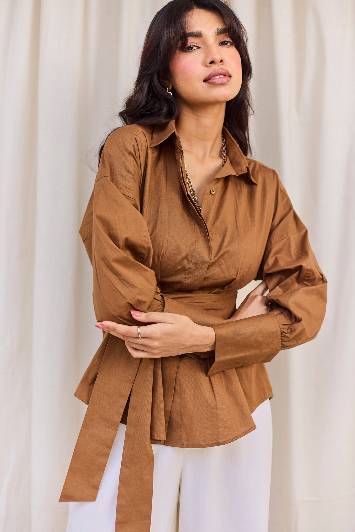 Brown Poplin Wrap Shirt