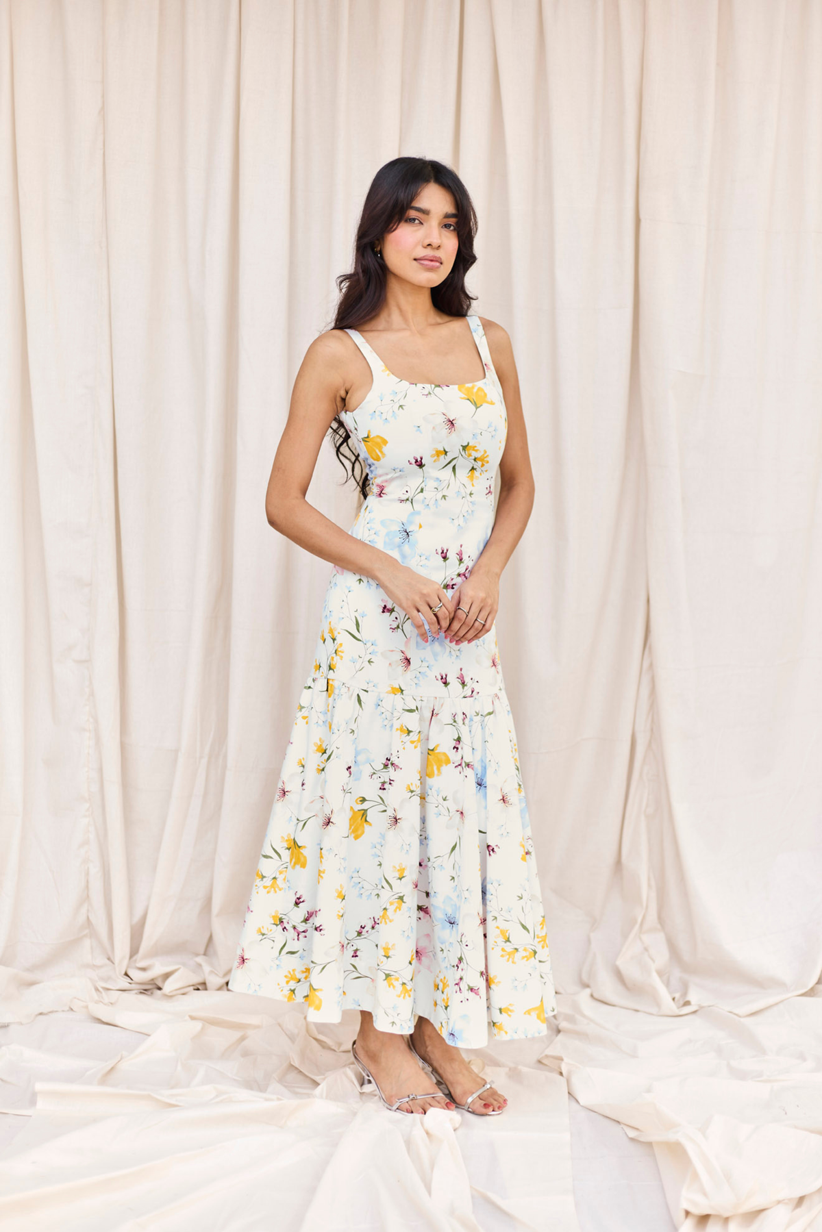 White Floral Fit & Flare Midi Dress
