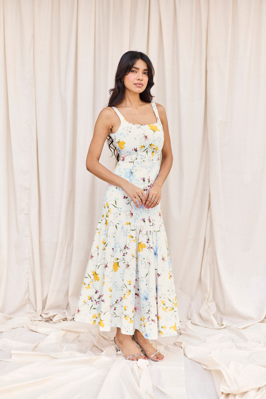 White Floral Fit & Flare Midi Dress