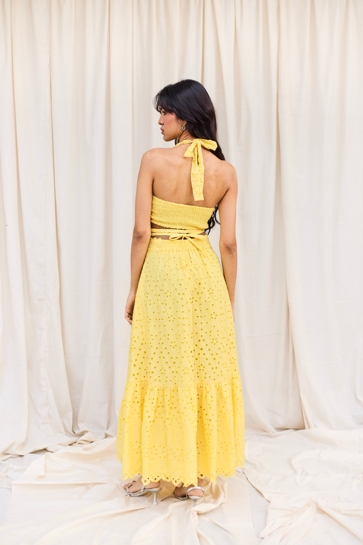 Yellow Schiffli Halter Top with Tie-Up Detail