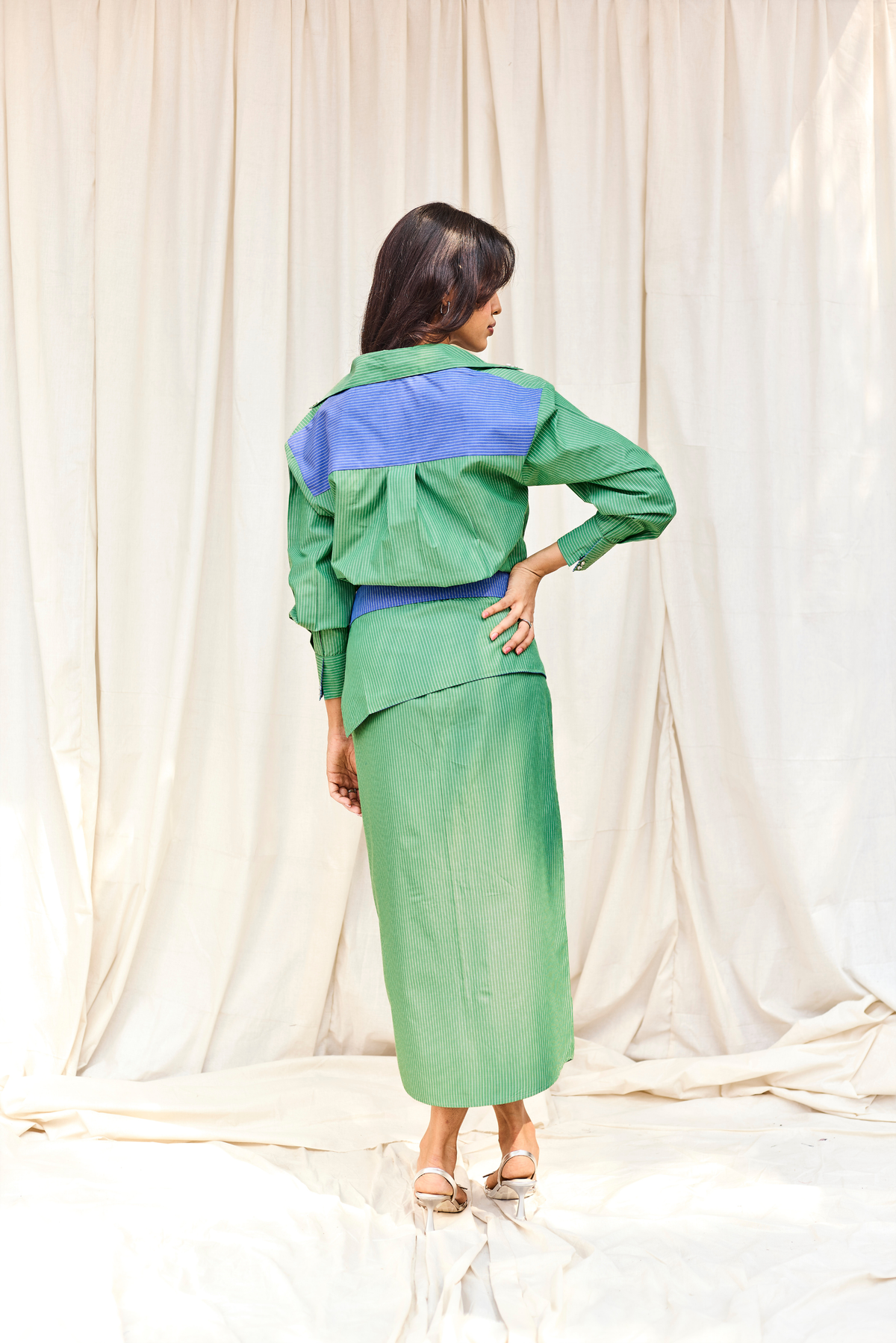 Green Striped Hand Embroidered Midi Dress with Belt