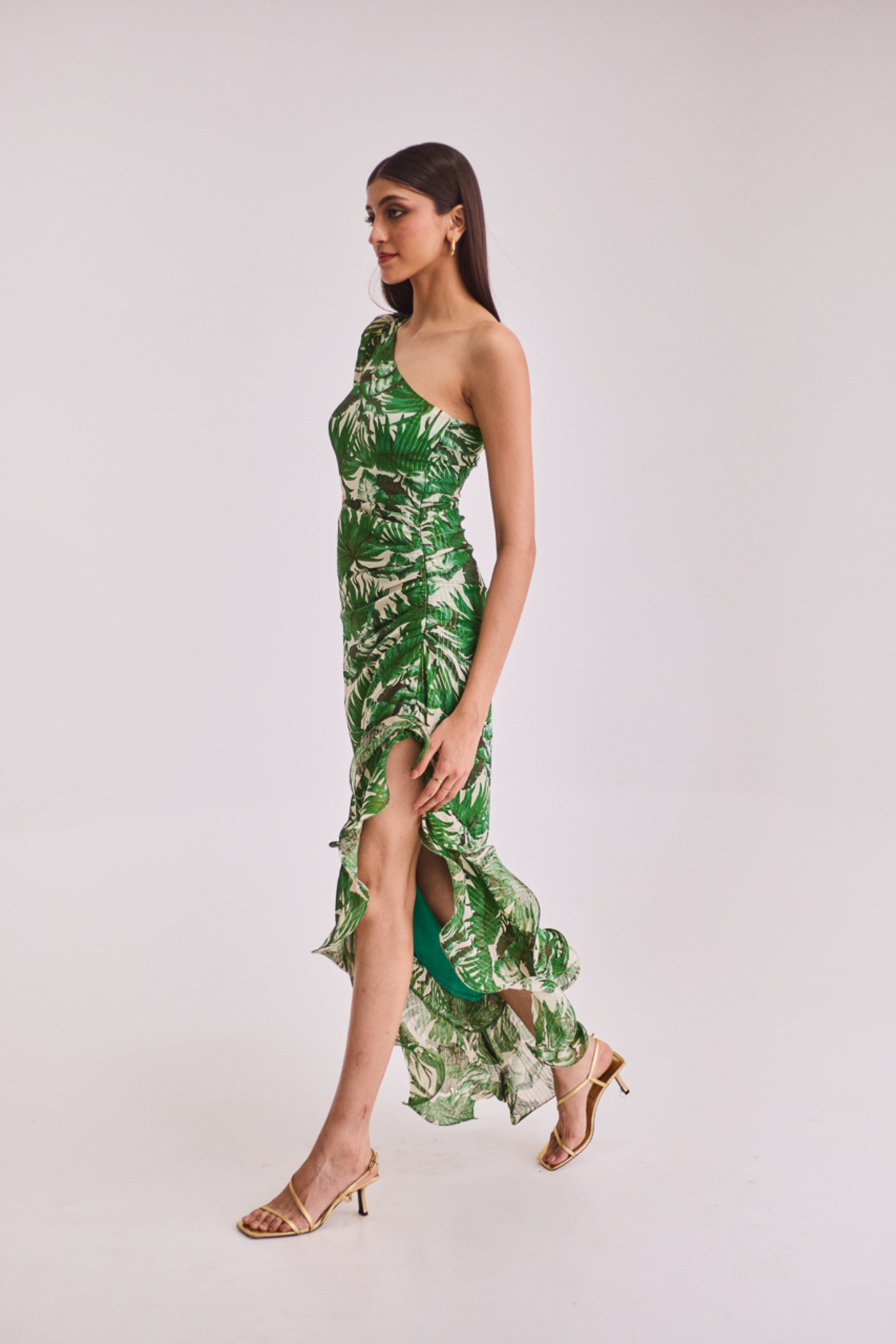Green Printed One Shoulder Maxi Dress